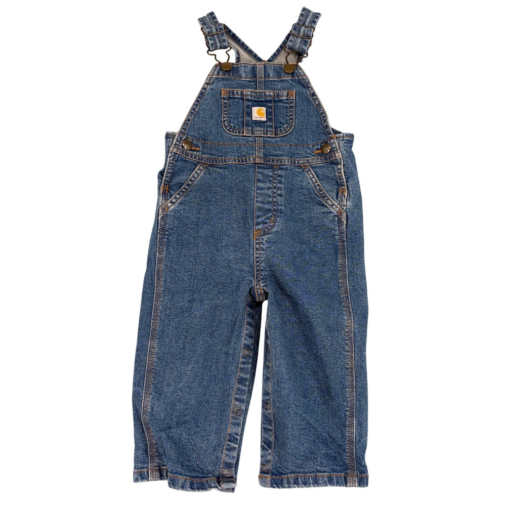 Carhartt Kids Blue Denim Overalls 18M Snap Inseam Rugged Workwear Dungarees Jean